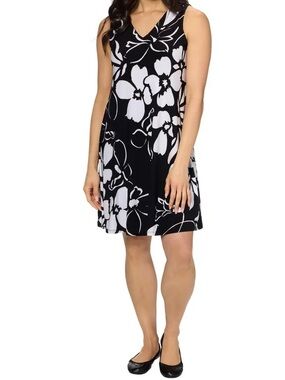 Anne Klein Women's Sleeveless Black & White Floral V-Neck Dress, Small - NWT